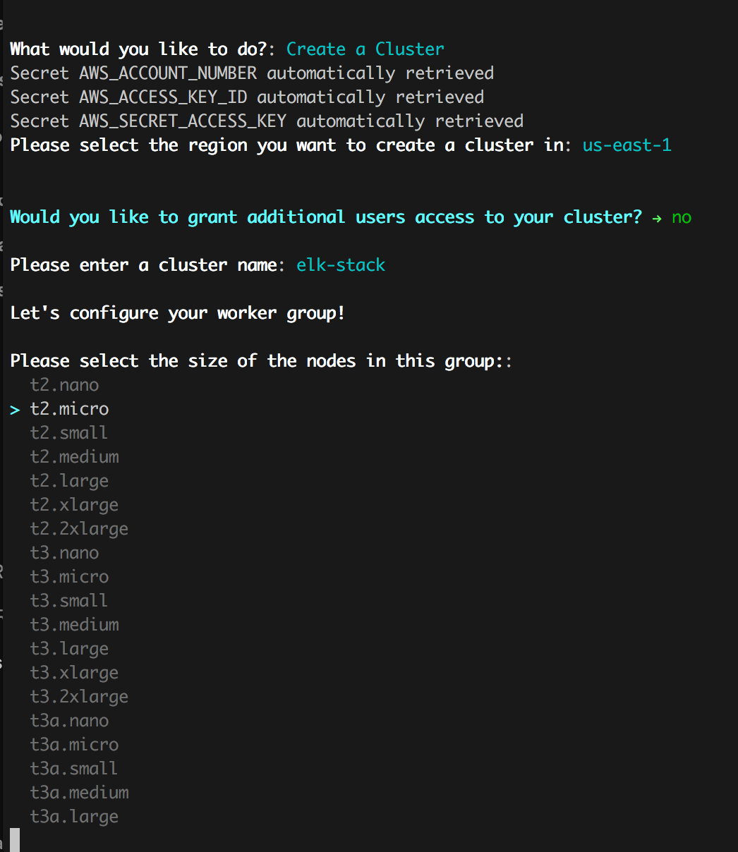 Screenshot showing options to setup new EKS cluster