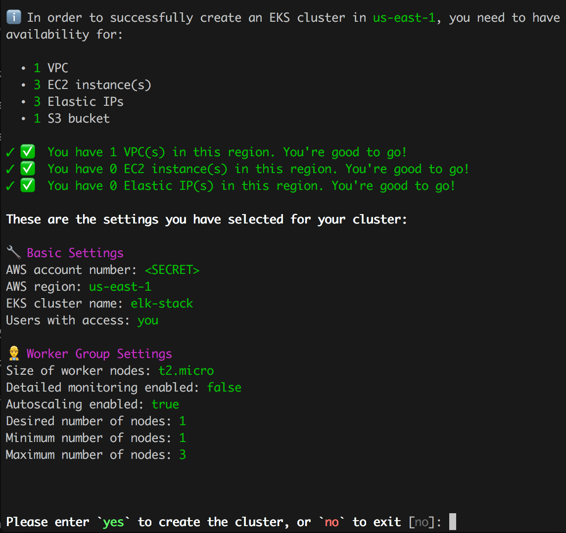 Screenshot showing final output before creating new cluster