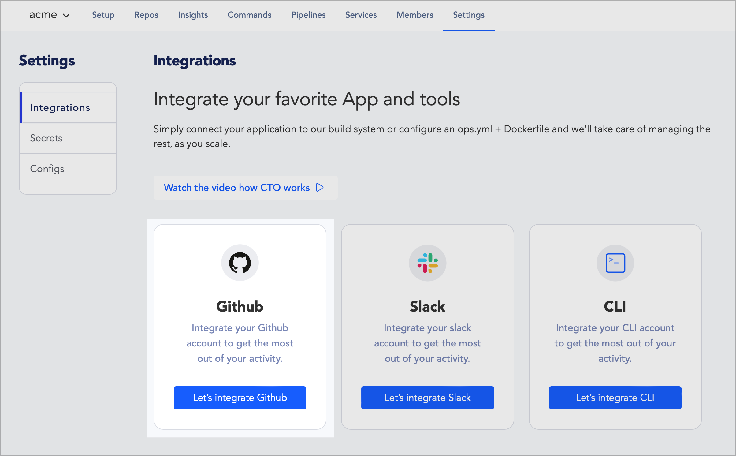 Click on "Let's integrate GitHub" from the Integrations tab of the Settings page.