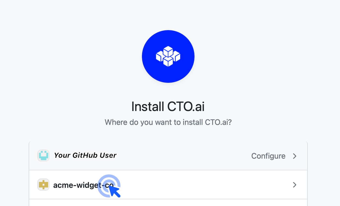 Click on your own username or the name of the GitHub organization where you wish to install our app.