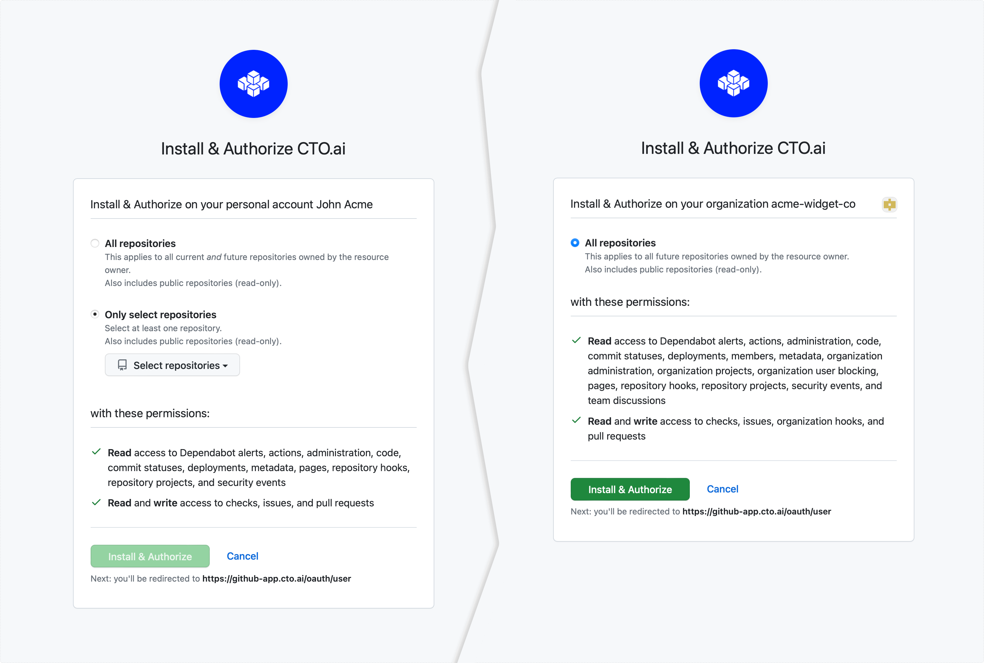 **Left:** "Install & Authorize" screen as displayed when connecting to your individual user account.

**Right:** "Install & Authorize" screen as displayed when connecting to a GitHub organization that doesn't yet own any repositories.